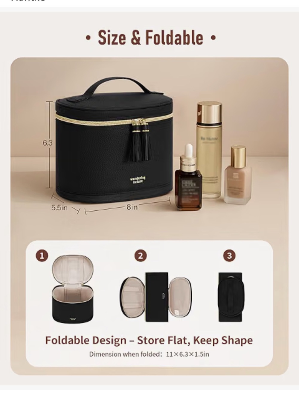 New Black Foldable Travel Makeup bag vanity cosmetic toiletry case